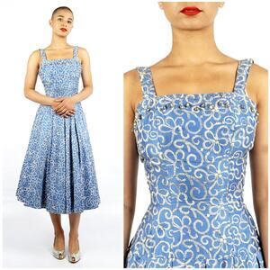 Vintage 1950s Blue Silver Embroidered Fit Flare Full Skirt Party Dress Perullo